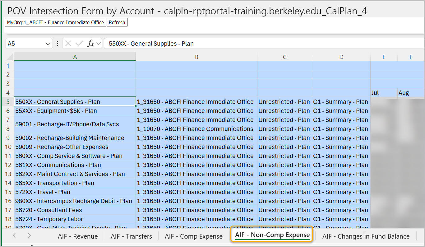 Account Intersection Form with Non-Comp Expense tab selected