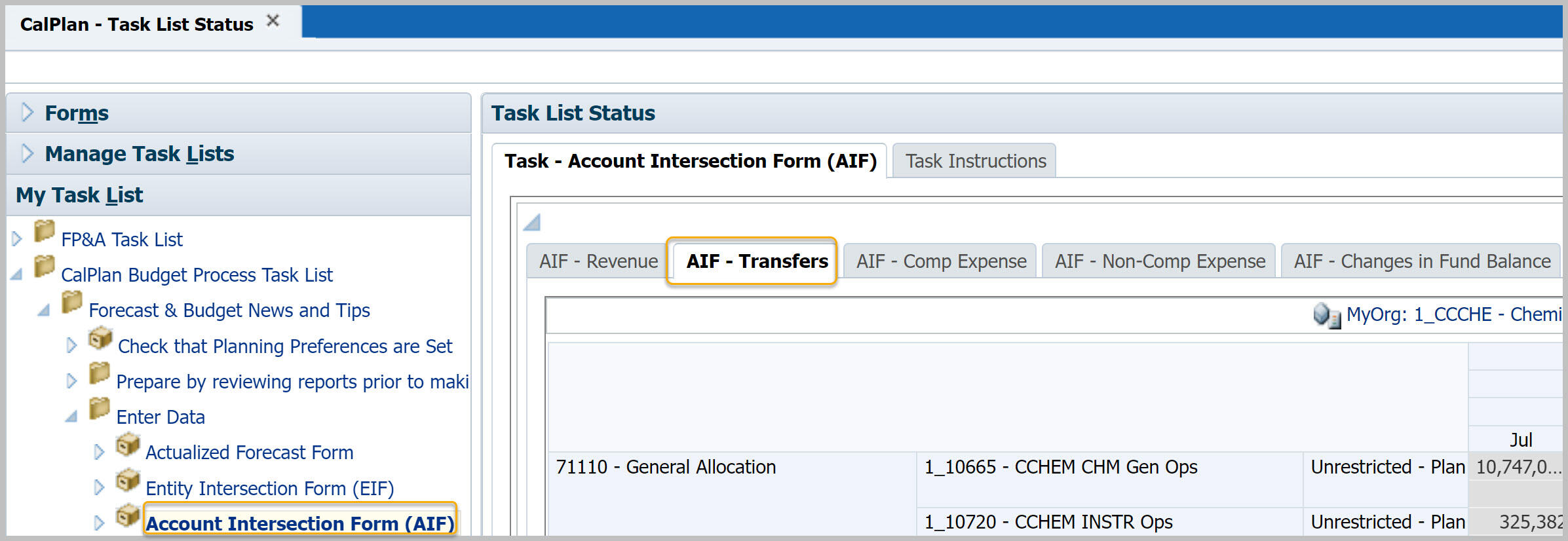 Account Intersection Form with Transfers tab highlighted