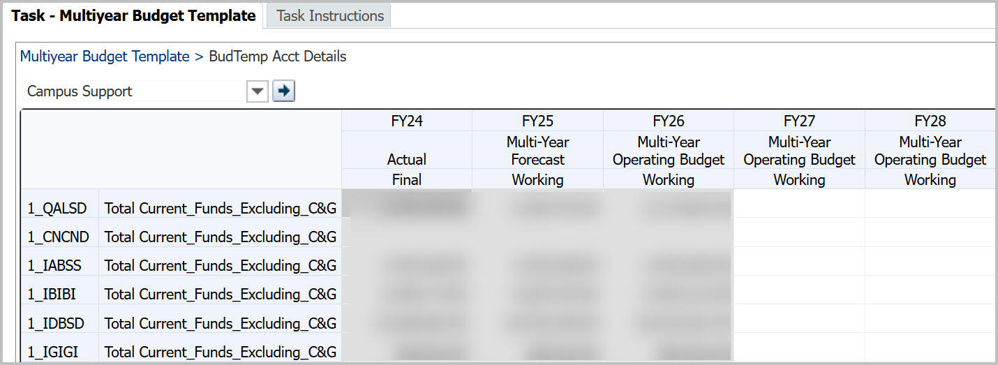 Multi-Year Budget Template with BudTemp Acct Details showing on menu