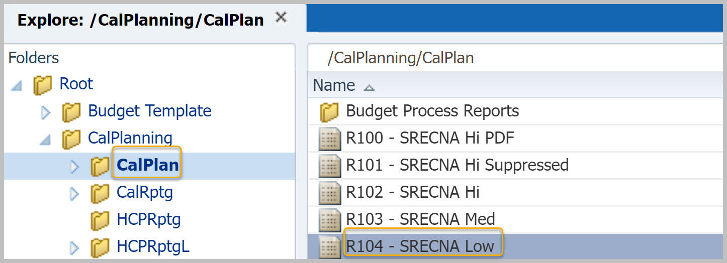 CalPlan reports menu with R104 SRECNA Low selected