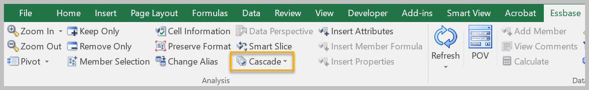 Essbase ribbon with Cascade button highlighted