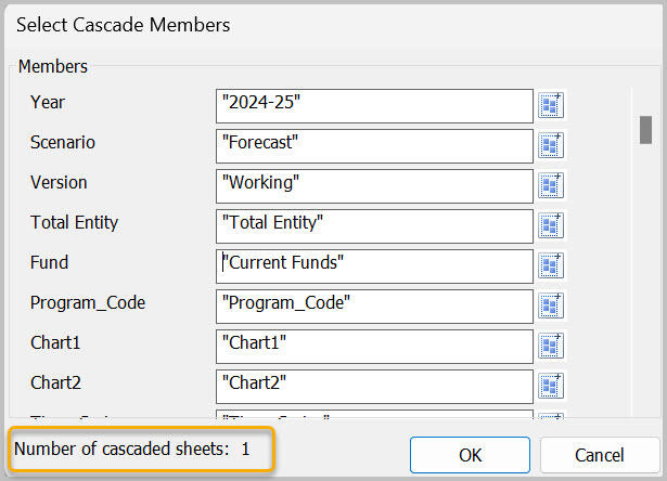 Cascade dialog box with one member per dimension