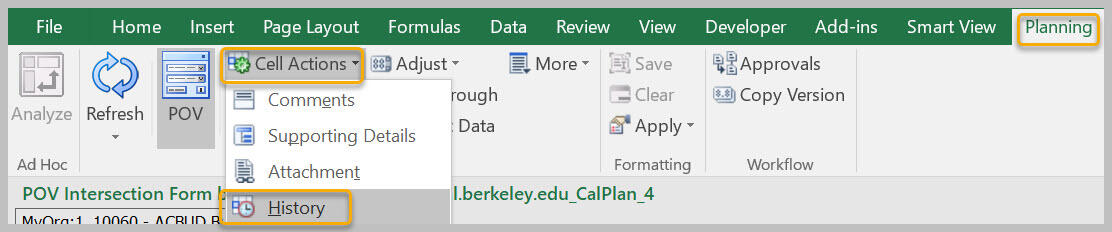 History highlighted on the Cell Actions menu