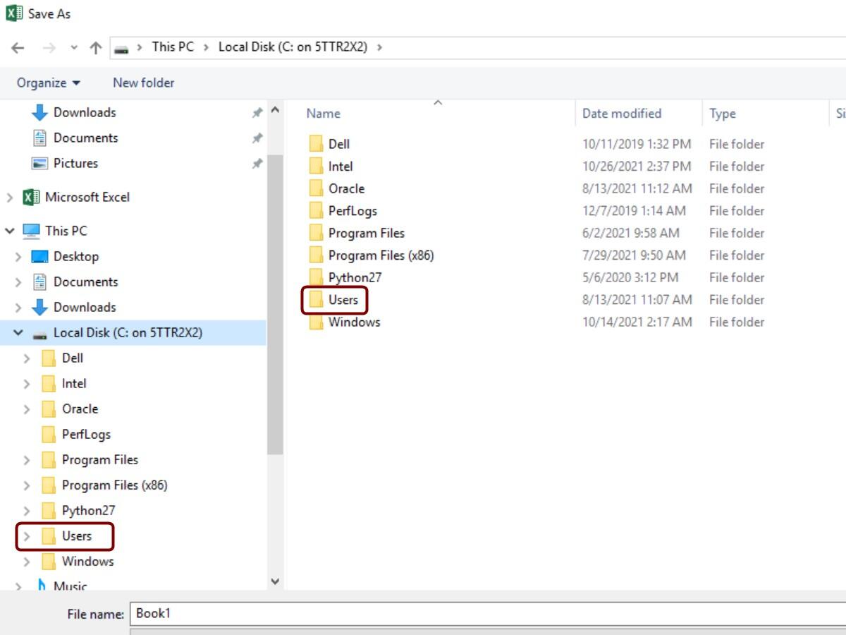 File Save As with Users folder outlined