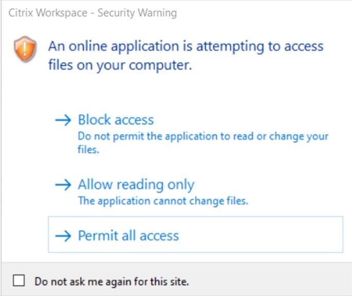 Citrix Workspace Security Warning