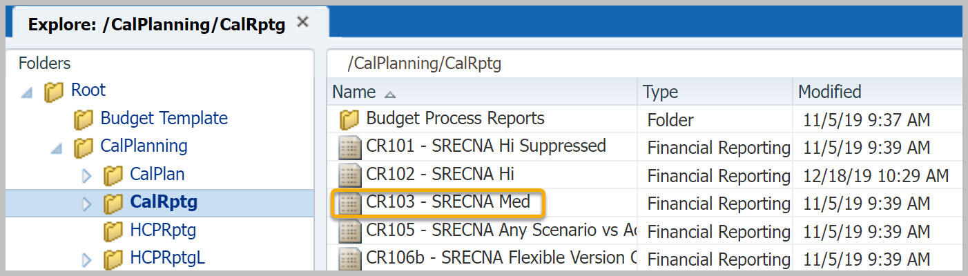 CalPlanning reports from CalRptg folder with CR103 highlighted