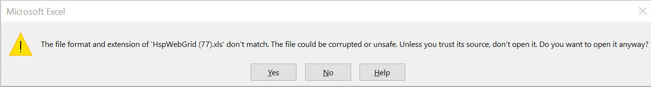 Error message presented on request to open a downloaded Excel file