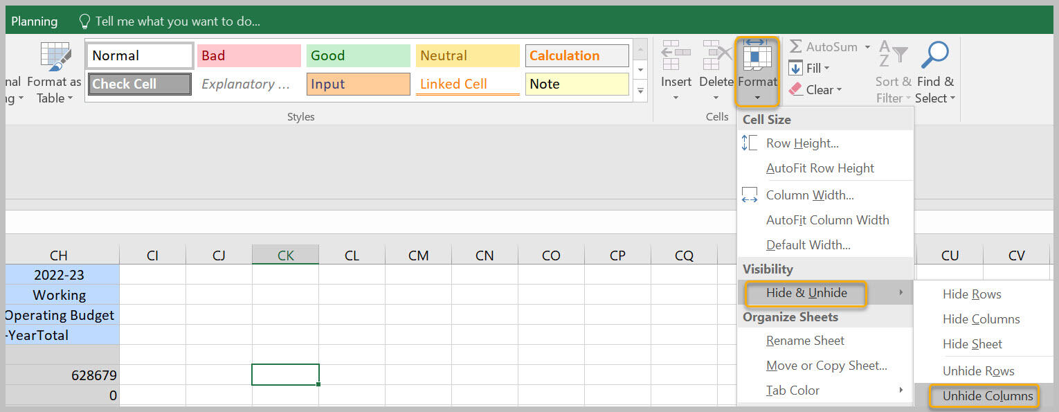 Excel menu unhide columns