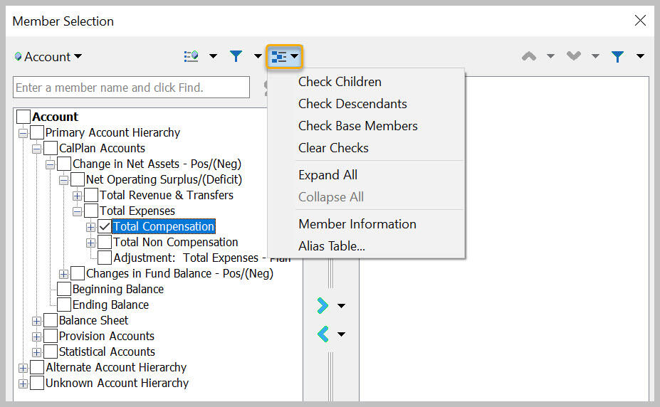 Member Selection dialog box with Options button selected and menu displayed