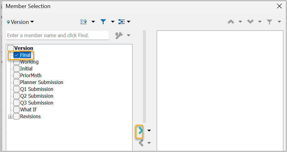 Member Selection with Final checked and move to selection pane button highlighted