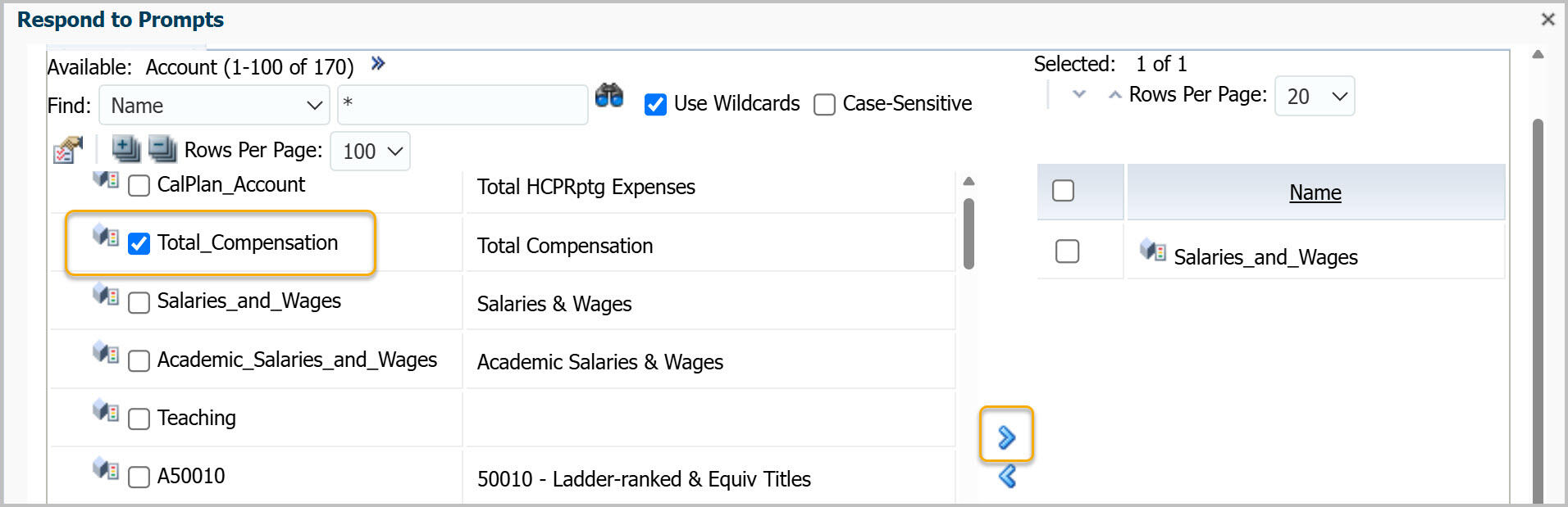 HCP001 report Respond to Prompts window Account Tree with Total Compensation checked