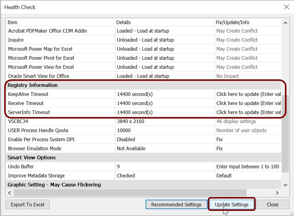 Health Check dialog box with Registry Information circled and Update Settings button circled