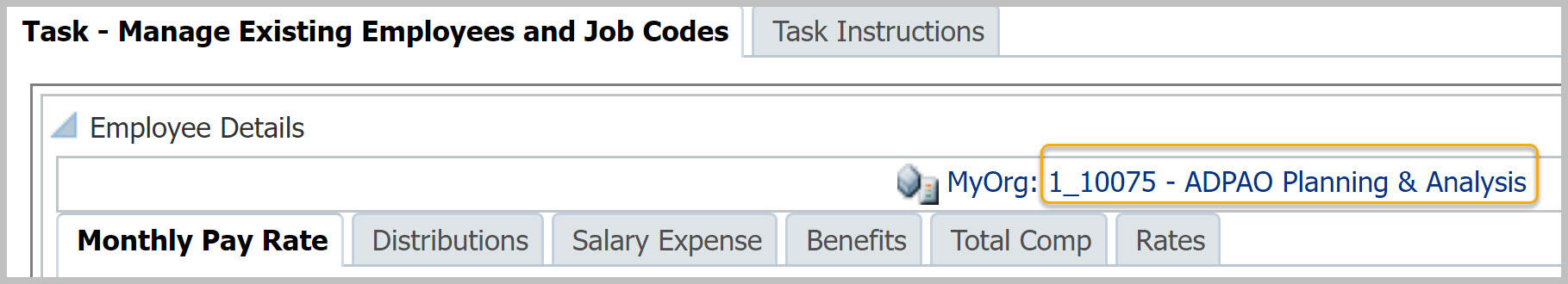 Manage Existing Employees task with Org highlighted