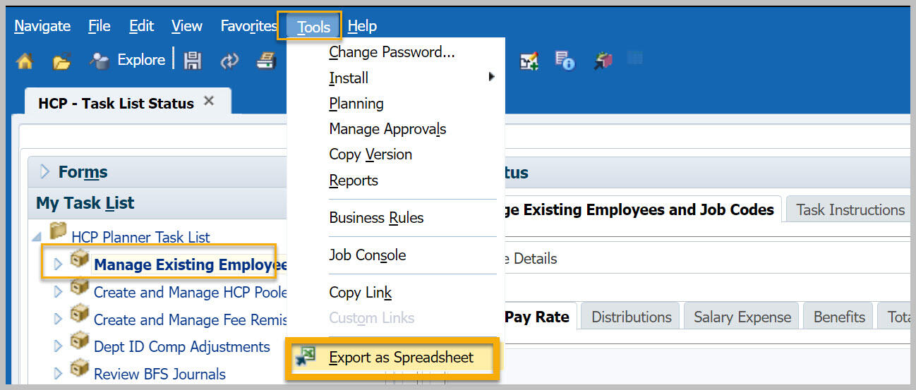 Manage Existing Employees task with menu open to Tools / Export as Spreadsheet