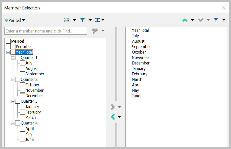 Member Selection dialog box for Period with months in the right pane