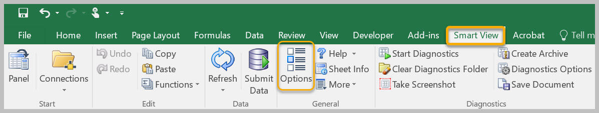 Smart View ribbon with Options button highlighted