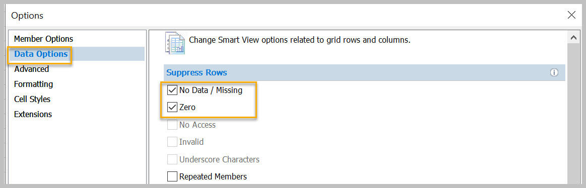 Options dialog box with Suppress Rows options checked
