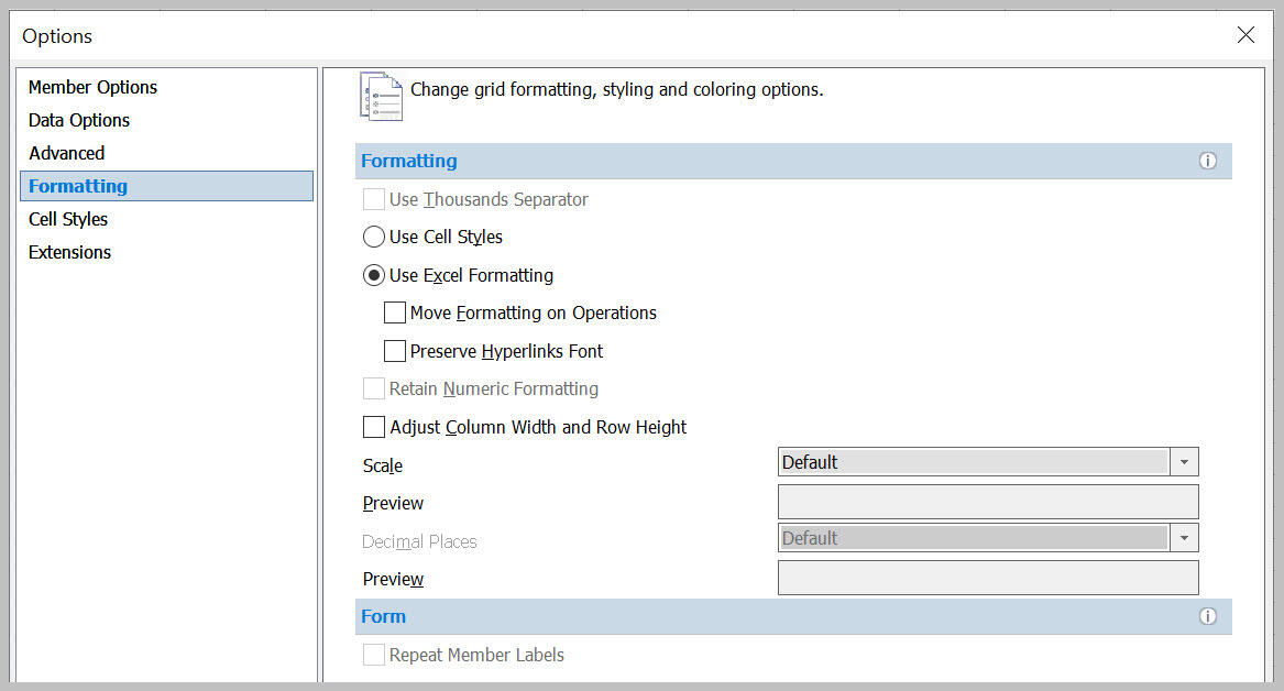 Options dialog box with Formatting selected