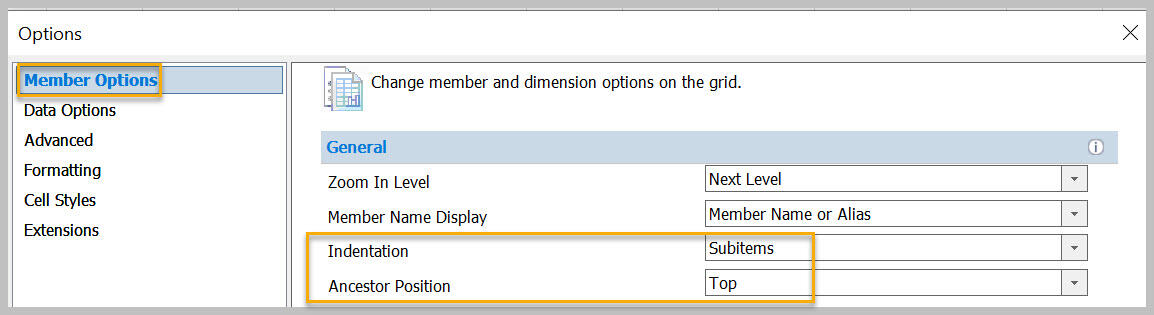 Options dialog box with Member Options highlighted