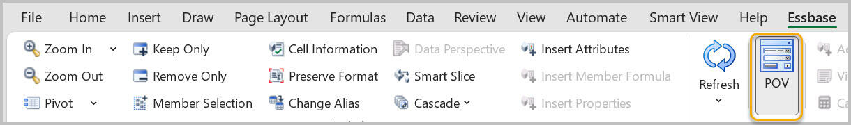 Essbase ribbon with POV button highlighted