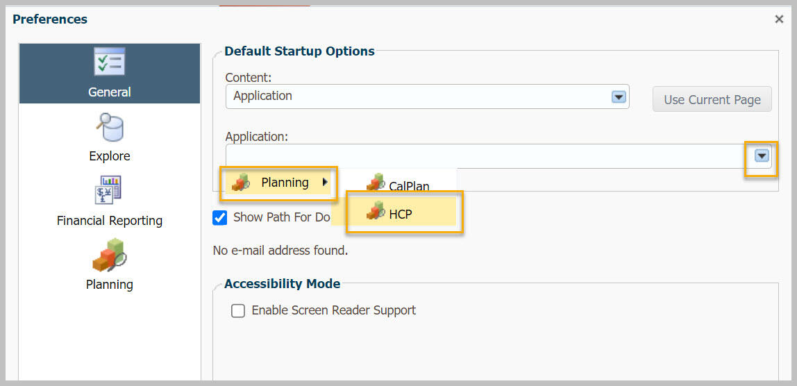 Preferences dialog box with HPC selected for Application