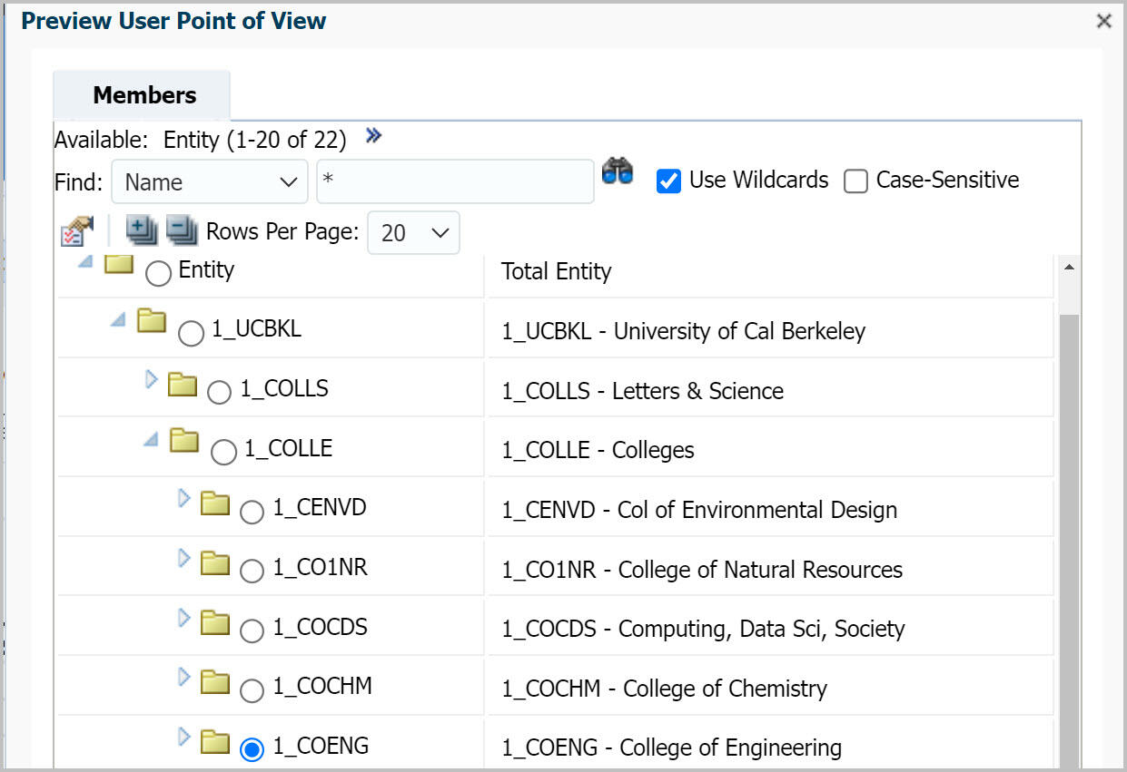 Entity member selection dialog box with 1_COENG selected