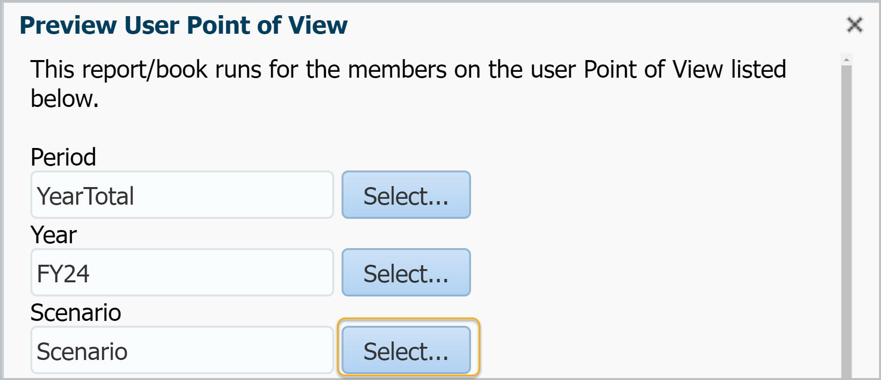 Preview User POV with YearTotal and FY24 selected and select button highlighted for Scenario