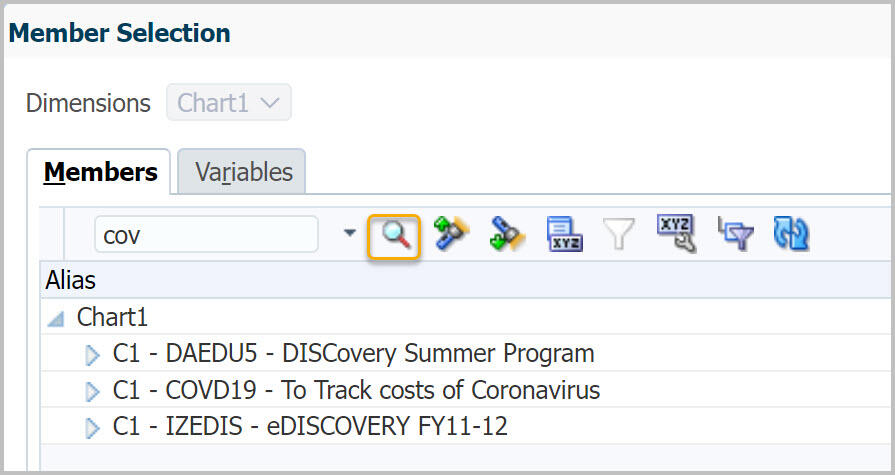 Chart1 member selection dialog box with cov entered in search text box