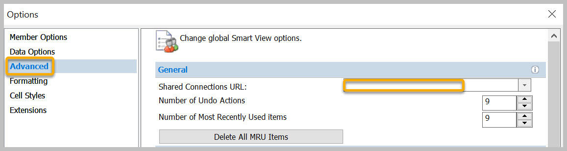 Options dialog box, Advanced pane, Shared Connection URL highlighted