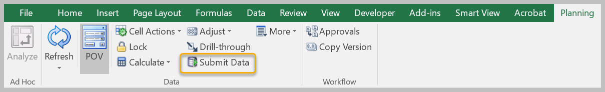 Submit data button on Planning ribbon