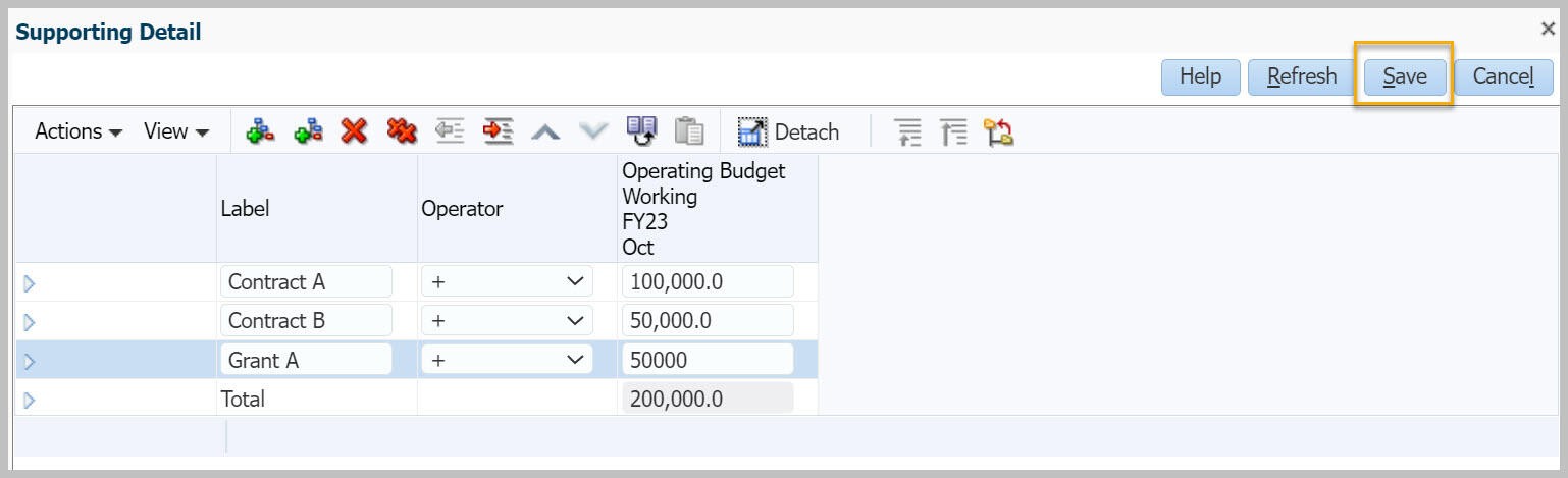 Supporting Detail dialog box with multiple rows entered
