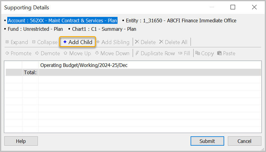 Supporting Details dialog box with Add Child highlighted
