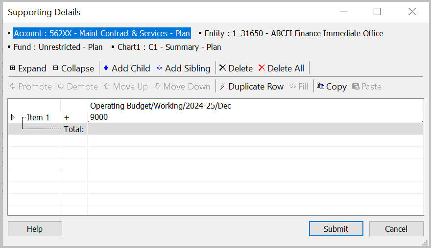 Supporting Details dialog box with one row entered