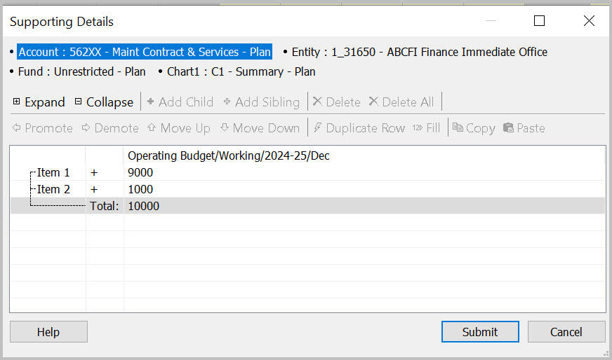 Supporting Details dialog box with two rows of detail