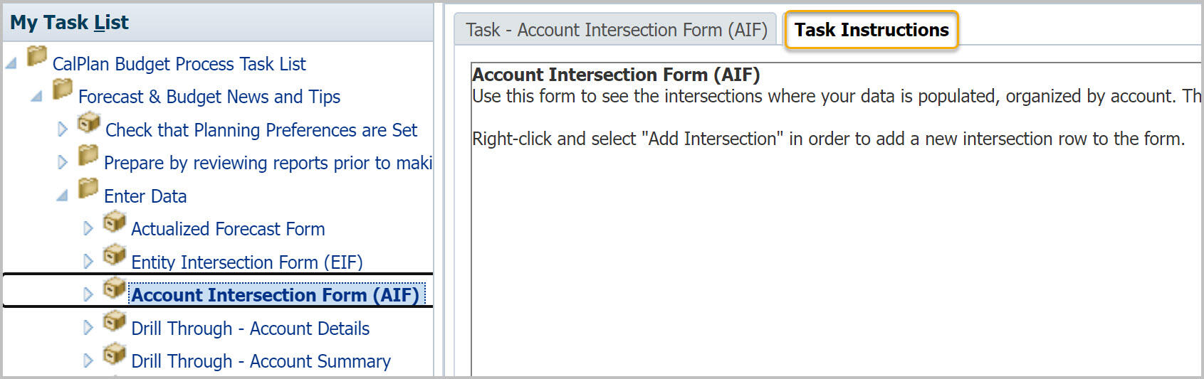 Account Intersection Form with Task Instructions tab selected and highlighted