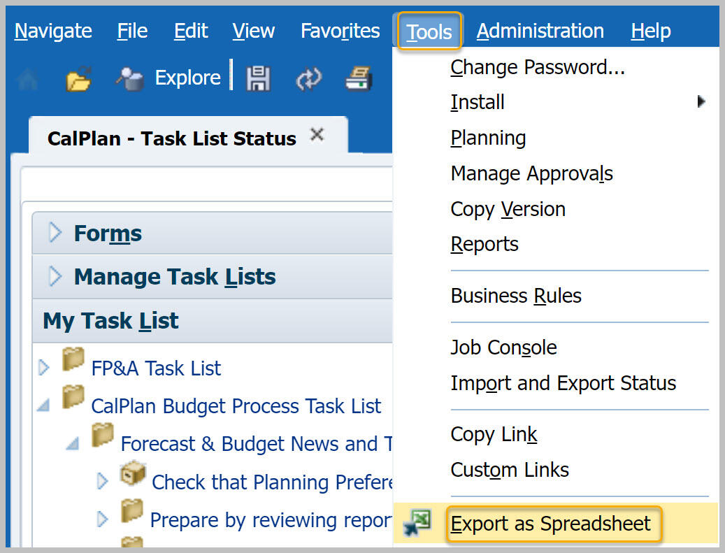Tools Export as Spreadsheet shown on menu