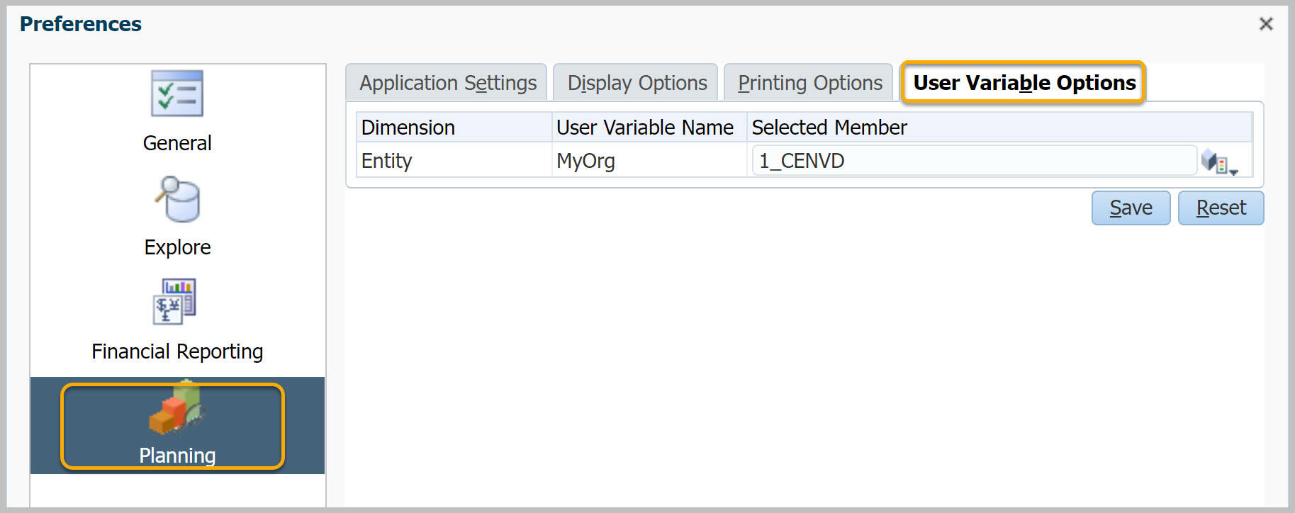 File Preferences with User Variable Options tab highlighted