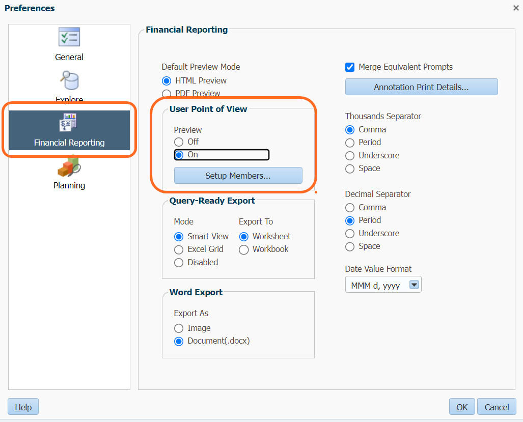 Turn on preview POV for financial reports