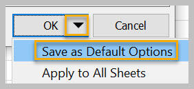 Options Save button with Default highlighted