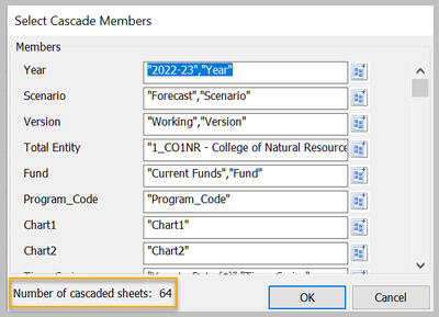 Cascade dialog box with 2 members in each dimension
