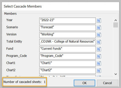 Cascade dialog box with 1 member in each dimension