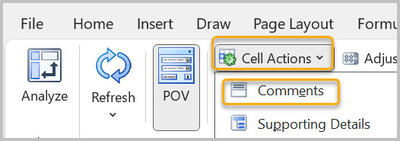 Menu with Cell Actions Comments highlighted
