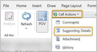 Supporting Details highlighted on Cell Actions menu
