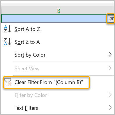 Filter menu with Clear Filter highlighted