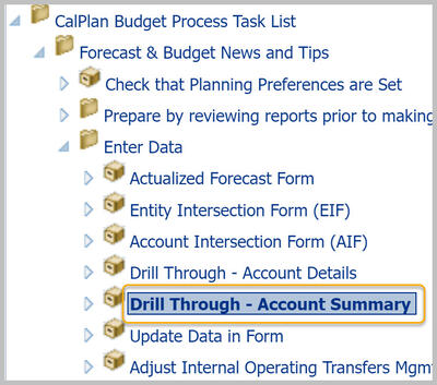 Drill Through - Account Summary on CalPlan task list