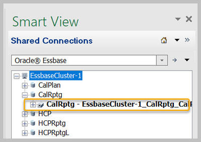Essbase server tree expanded with CalRptg database highlighted