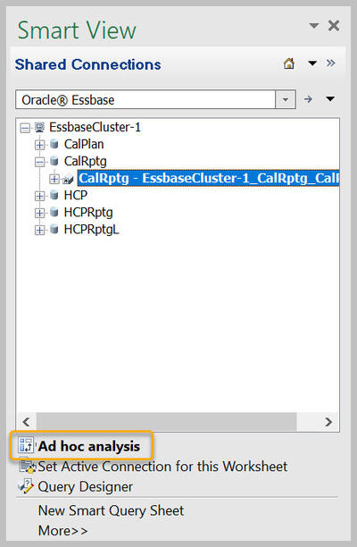 Panel with Essbase, CalRptg, and Ad Hoc Analysis highlighted