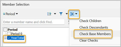 Check Base Members highlighted on Member Selection Options button drop-down