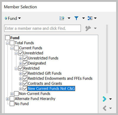 Member Selection dialog box for Fund with multiple boxes checked