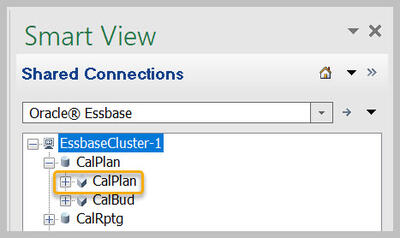 Panel connected to Essbase with CalPlan database highlighted